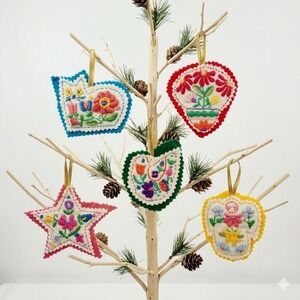 Handmade Scandinavian Felt Christmas Ornaments Hand Stitched Folk Art Embroidery